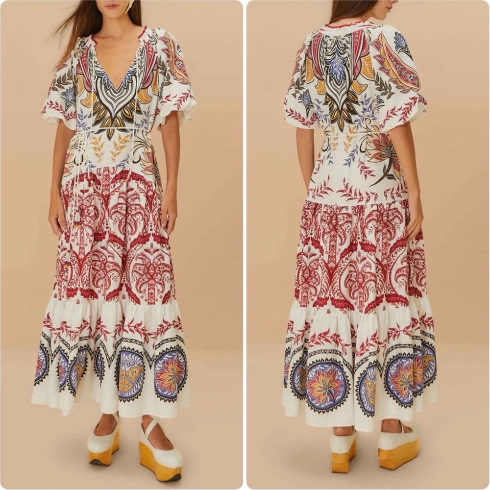 FARM Rio Camafeu Boho Glam Maxi Dress with Red, Blue & Gold Floral Print - Picture 2 of 7